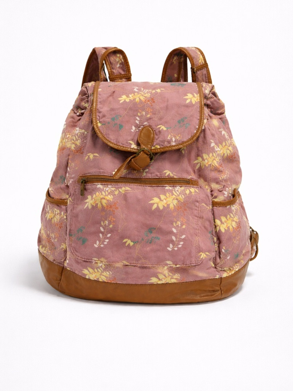 Kimchi Blue Pink Floral Canvas Backpack with Brown Leather Trim